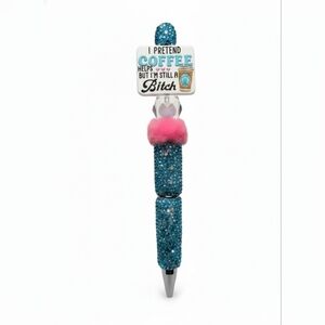 New Handmade Rhinestone Beaded Pen - Teal With Sparkle And Funny Saying